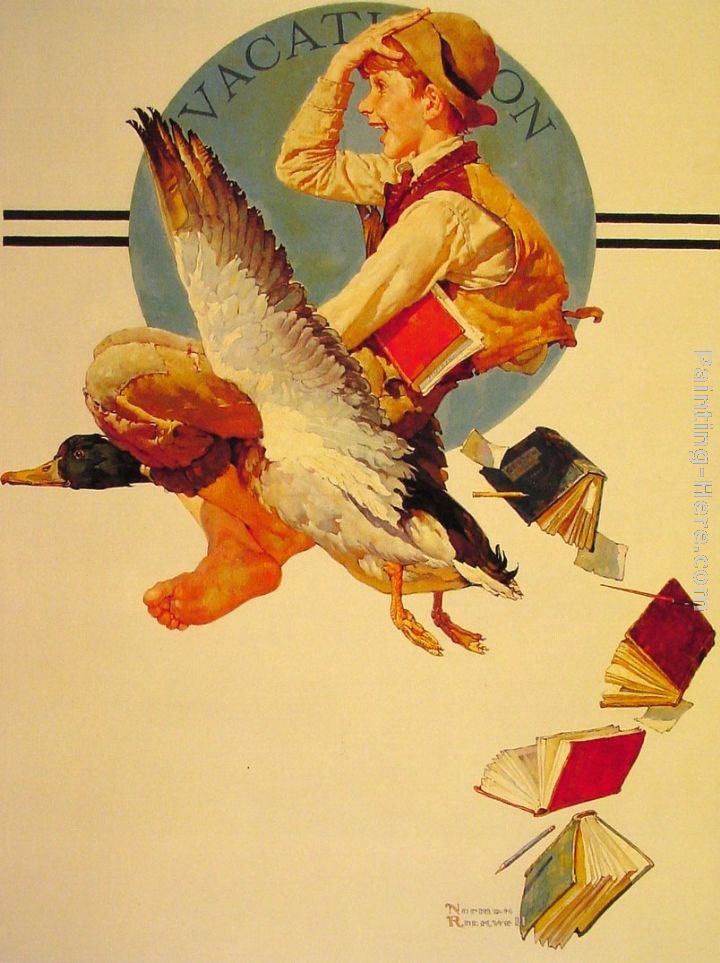 Norman Rockwell Vacation Boy riding a Goose
